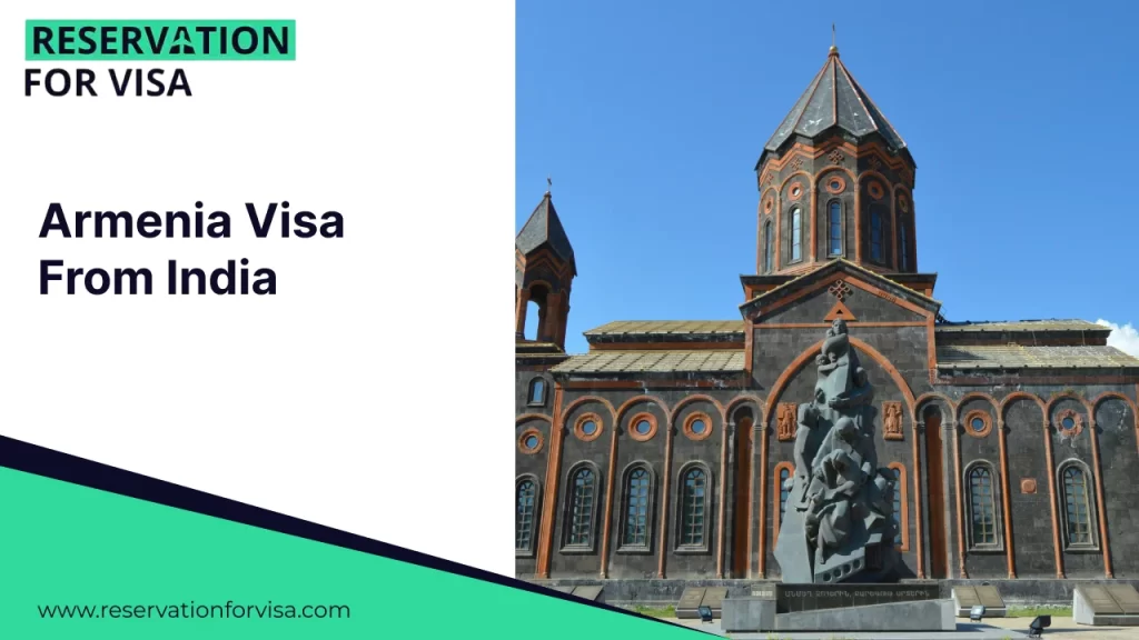 An image featuring the text "Armenia Visa From India" on the left, and a grand Armenian cathedral with a tall, stone statue in the foreground under a clear blue sky on the right.