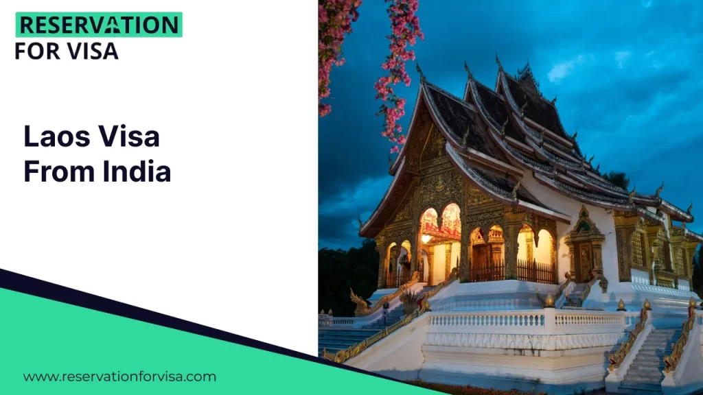 An image featuring the text "Laos Visa From India" on the left, and a serene landscape showing the Mekong River flowing between lush green mountains in Laos under a cloudy sky on the right.