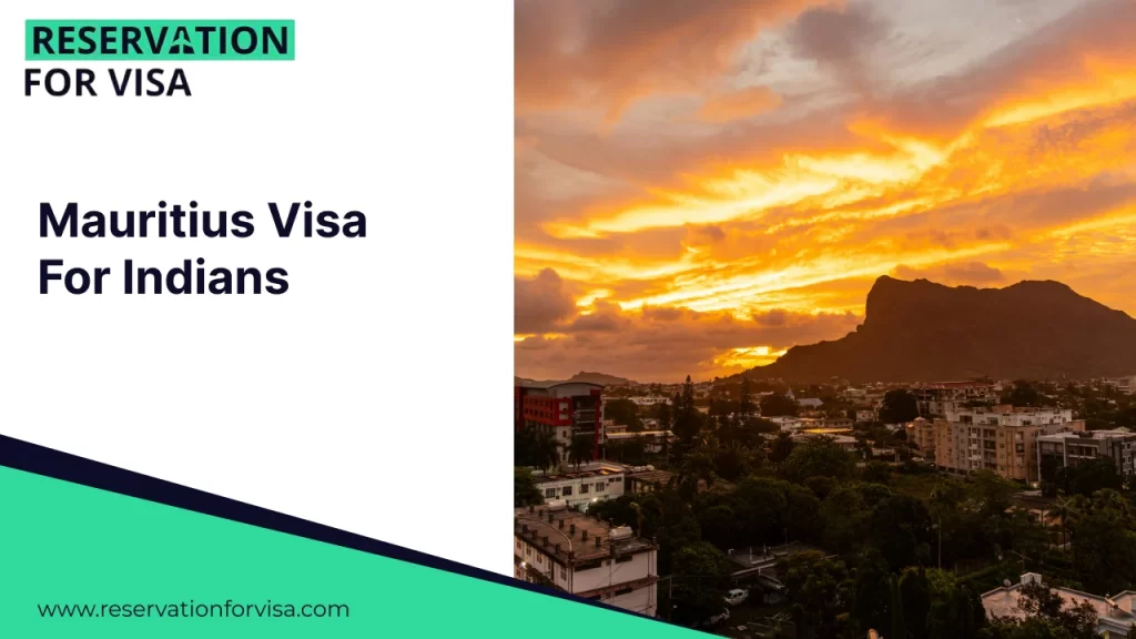 An image featuring the text "Mauritius Visa For Indians" on the left, set against a sunset view of a city and mountains in Mauritius on the right.