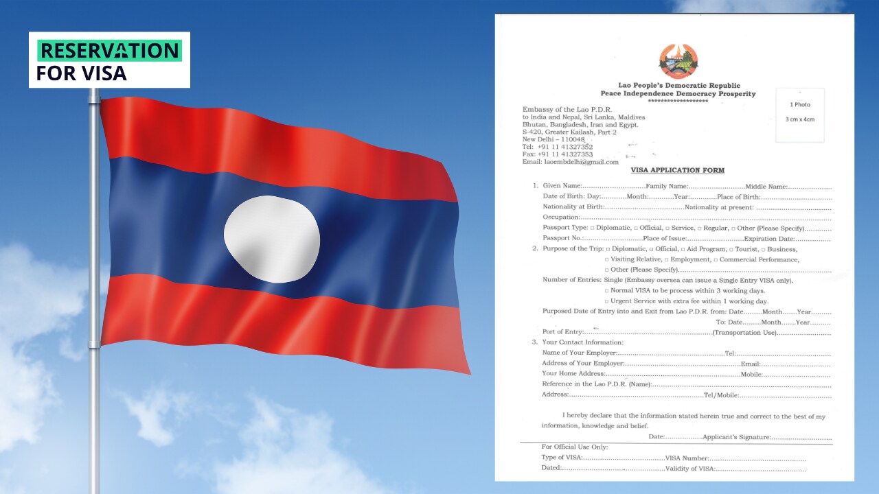 The flag of Laos waving against a clear blue sky on the left side, and a Laos visa application form displayed on the right side. The form includes fields for personal details, passport information, type of visa, and travel purpose. The top left corner features the "Reservation for Visa" logo.