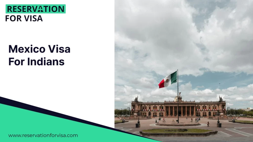 An image featuring the text "Mexico Visa For Indians" on a white background on the left, and a wide-angle shot of the National Palace in Mexico City with the Mexican flag flying in the center of a large public square under a cloudy sky on the right.
