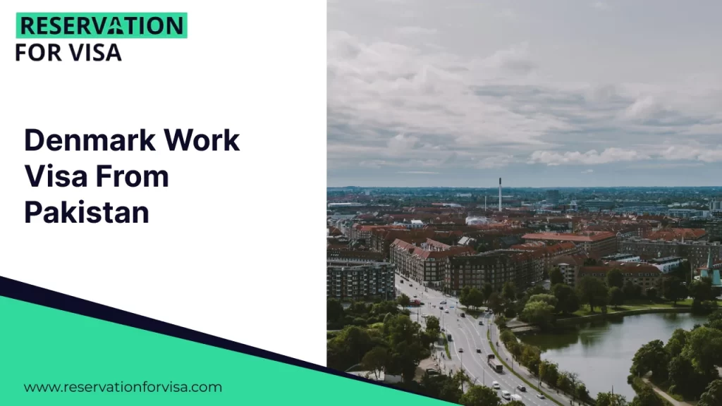 A promotional graphic for "Denmark Work Visa From Pakistan" featuring a high-angle view of a Danish cityscape. The image shows rows of red-roofed buildings, green trees, and a winding road alongside a body of water under a bright, cloudy sky. The layout includes a white text block on the left and a teal and dark blue footer at the bottom.