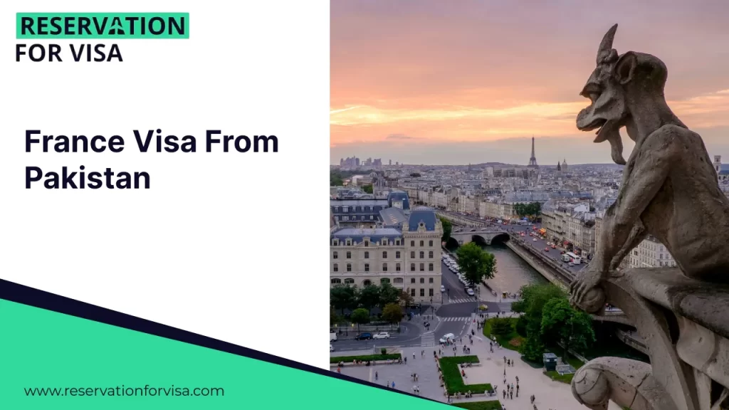 A promotional graphic for "France Visa From Pakistan" featuring a stone gargoyle on the Notre-Dame Cathedral overlooking the city of Paris. In the distance, the Eiffel Tower is visible against a sunset sky. The design features a white text area on the left and the standard teal and dark blue geometric footer at the bottom