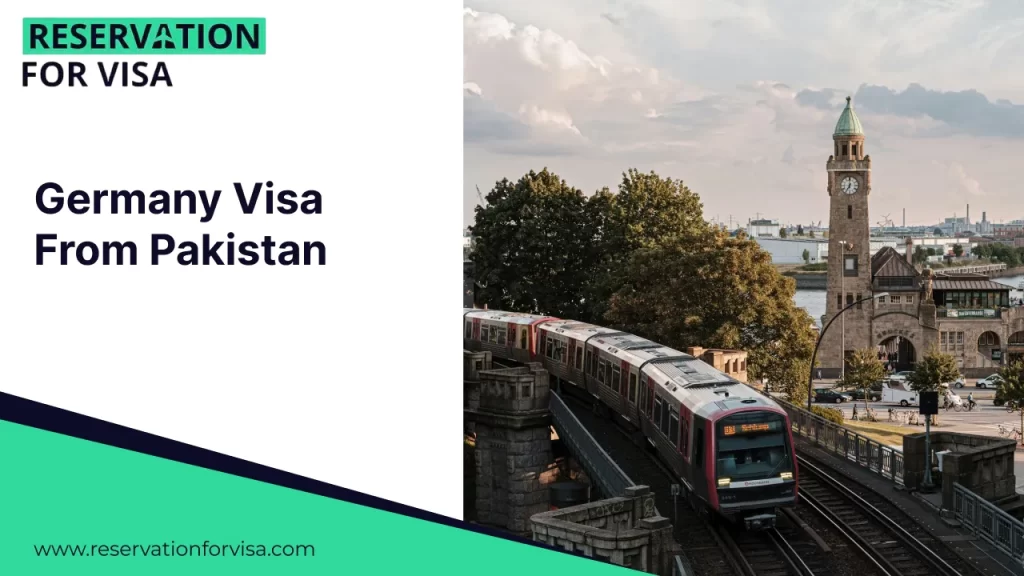 A promotional graphic for "Germany Visa From Pakistan" featuring an evening view of the Speicherstadt district in Hamburg. The image showcases the historic red-brick warehouses and bridges reflecting in the canal waters.