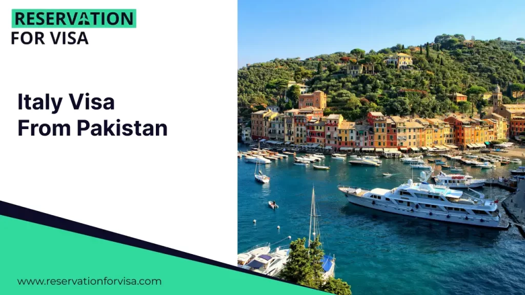 A promotional graphic for "Italy Visa From Pakistan" featuring a scenic view of Portofino, Italy. The image shows colorful buildings along a lush hillside overlooking a vibrant blue harbor filled with boats.