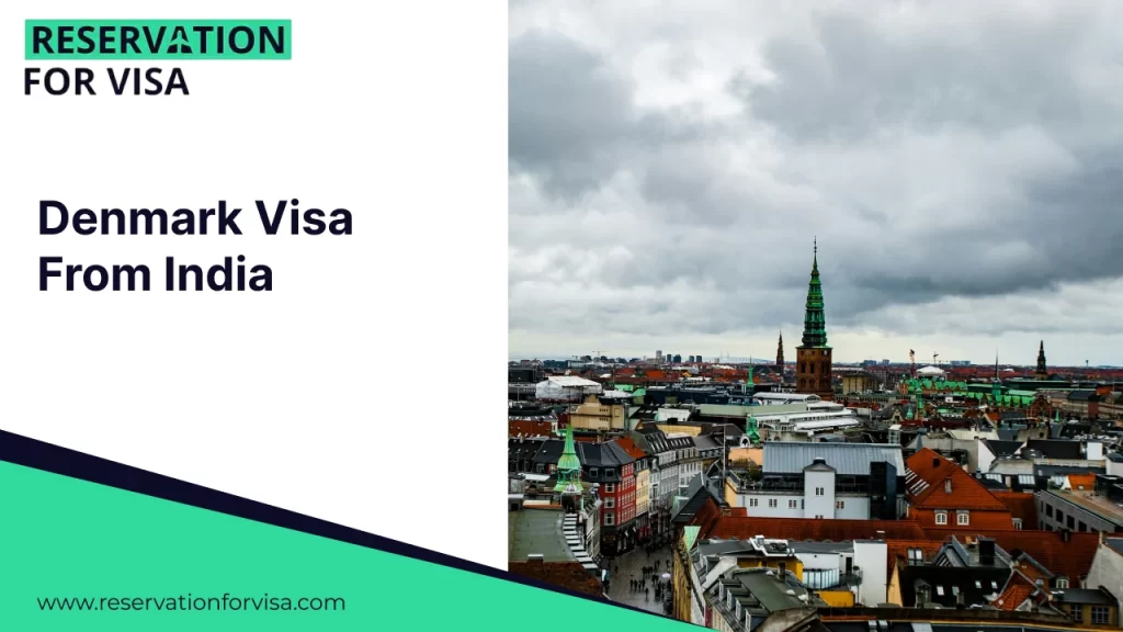 A promotional graphic for "Denmark Visa From India" featuring a rooftop view of the Copenhagen skyline. The image highlights a prominent green-spired clock tower surrounded by traditional red-tiled roofs under a heavy, overcast sky.
