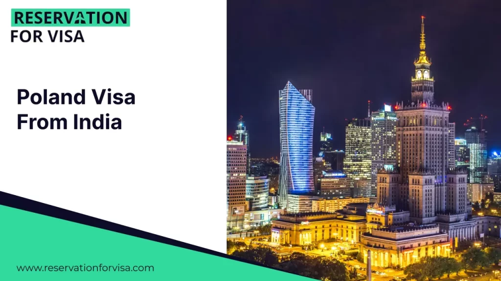 An image featuring the text "Poland Visa From India" on a white background on the left, and a vibrant night view of Warsaw's skyline on the right, highlighting the illuminated Palace of Culture and Science alongside modern skyscrapers.