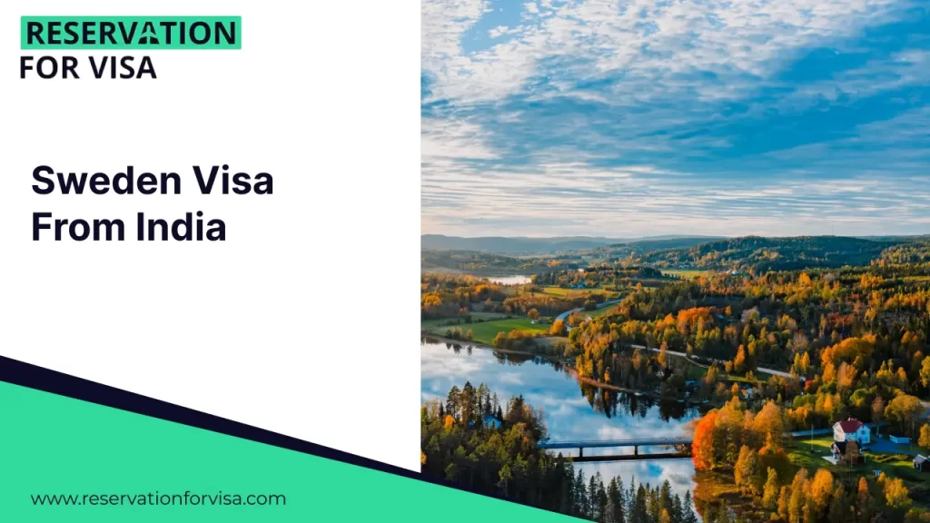 A breathtaking aerial view of a Swedish landscape featuring a calm river reflecting the blue sky, surrounded by dense forests with autumn foliage.