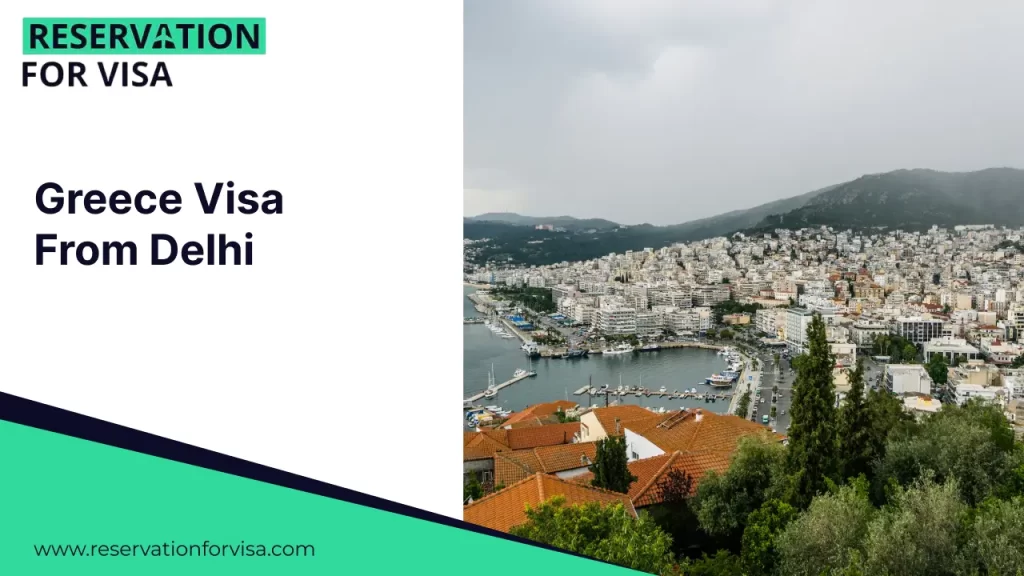 Greece Visa From Delhi A high-angle scenic view of a coastal city in Greece, showing a harbor filled with boats and white buildings nestled against green hills.