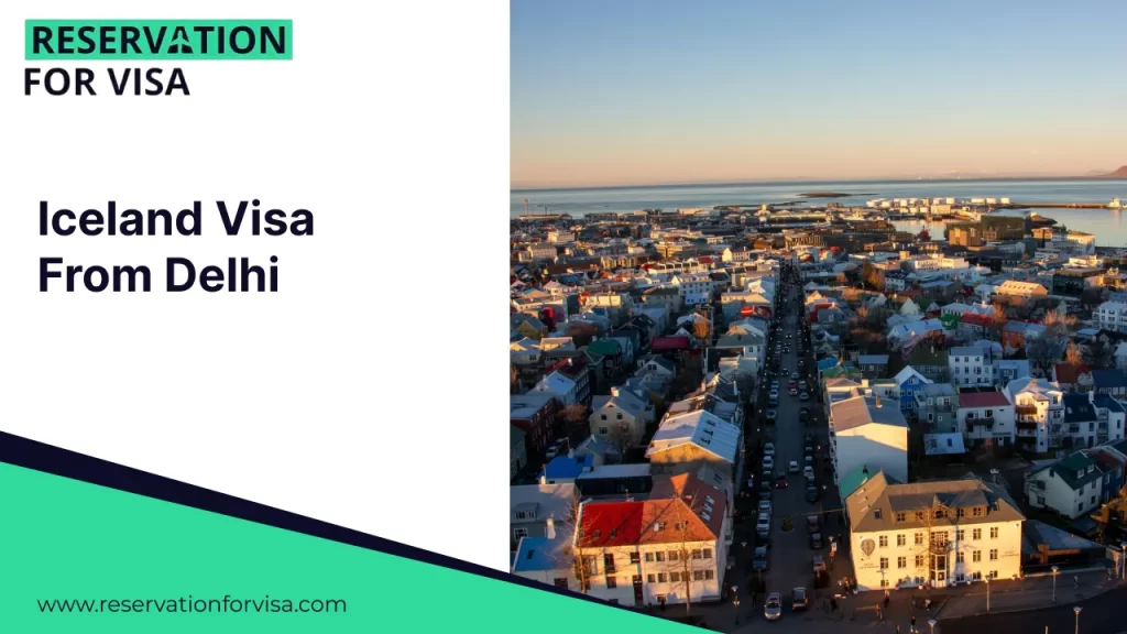 A promotional banner for "Iceland Visa From Delhi" featuring a split layout. On the left, a white section contains the logo "RESERVATION FOR VISA" and the main text in bold blue. The right side showcases a scenic landscape of Iceland, featuring the iconic Kirkjufell mountain (often called the most photographed mountain in Iceland) and its nearby waterfalls under a soft, overcast sky.