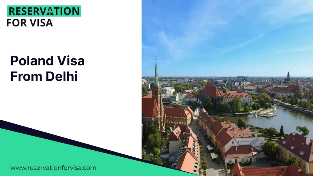 An image featuring the text "Poland Visa From Delhi" on a white background on the left, and a perspective view of the Warsaw Old Town Market Place on the right, showcasing colorful historic buildings and outdoor cafe umbrellas under a bright sky.