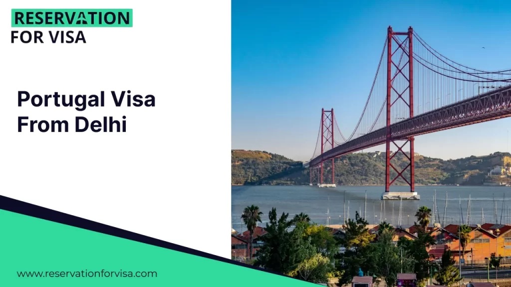 An image featuring the text "Portugal Visa From Delhi" on a white background on the left, and a vibrant view of Lisbon on the right, showing yellow trams and historic buildings with the 25 de Abril Bridge in the distance under a sunny sky.