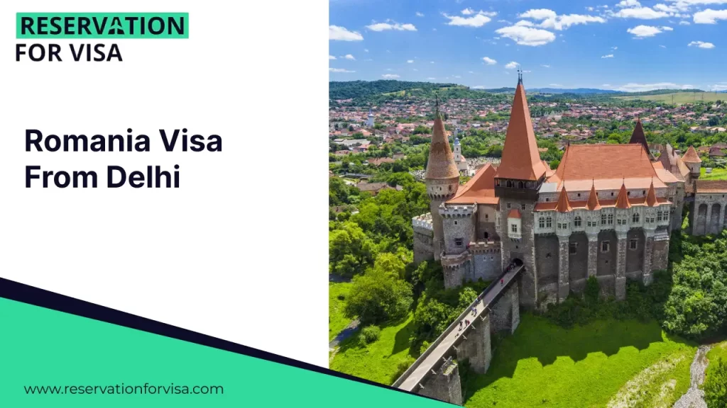 An image featuring the text "Romania Visa From Delhi" on a white background on the left, and a perspective view of the Palace of the Parliament in Bucharest on the right, showing its grand neoclassical architecture and expansive gardens under a bright sky.