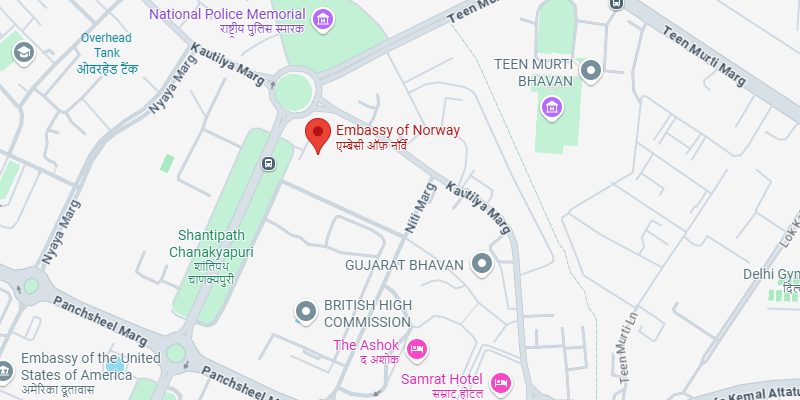 Map view showing the location of the Embassy of Norway in Chanakyapuri, New Delhi, India. The embassy is marked with a red location pin. Nearby landmarks include the British High Commission, The Ashok hotel, Gujarat Bhavan, Teen Murti Bhavan, and the Embassy of the United States of America. Major roads such as Panchsheel Marg, Nyaya Marg, and Kautilya Marg are visible.