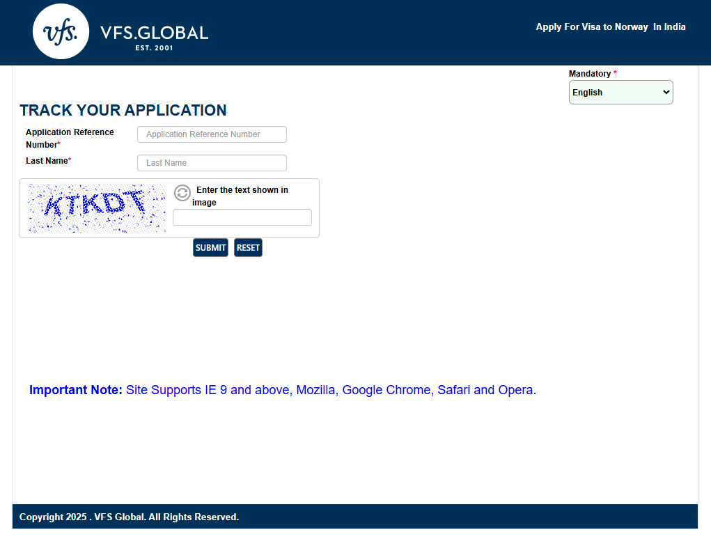 This image shows the "TRACK YOUR APPLICATION" page on the VFS Global website for tracking a visa application. Fields required to track the application are Application Reference Number (input box), Last Name (input box), CAPTCHA text (input box for entering the text shown in the CAPTCHA image, here the CAPTCHA is "KTKDT")