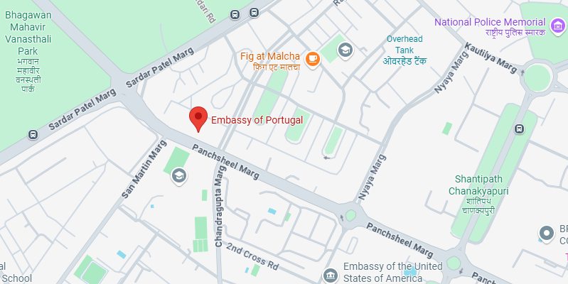 Map view showing the location of the Embassy of Portugal in Chanakyapuri, New Delhi, marked with a red pin. Nearby landmarks include Sardar Patel Marg, Panchsheel Marg, the National Police Memorial, and the Embassy of the United States. This map is relevant for those applying for a Portugal visa from Delhi.