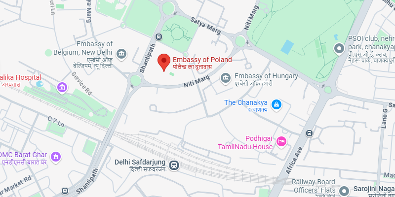 Map showing the location of the Embassy of Poland in New Delhi, near the embassies of Hungary and Belgium, and landmarks like Delhi Safdarjung and The Chanakya mall; useful for Poland visa from Delhi applicants.