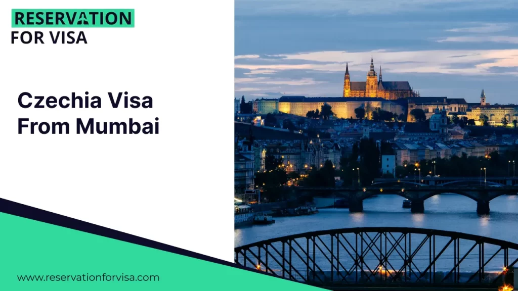 A promotional graphic for "Czechia Visa From Mumbai" by Reservation For Visa. The right side of the image features a night view of the historic Prague Castle and St. Vitus Cathedral illuminated on a hilltop, with the stone arches of the Charles Bridge visible in the foreground spanning the Vltava River.