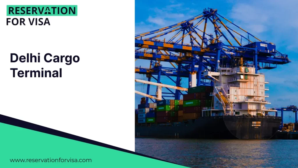 An image titled "Delhi Cargo Terminal" featuring a split layout. On the left side, the title and the "Reservation For Visa" branding are displayed on a white background with a teal and dark blue geometric border. The right side features an aerial photograph of a busy air cargo hub, showing multiple large cargo aircraft parked at the terminal, surrounded by logistics equipment and support vehicles on the tarmac.