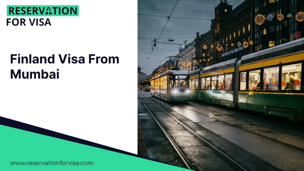 An image featuring a split design: the right side shows a green and yellow tram traveling through a city street at night under warm festive lights, while the left side is a white and teal graphic with the text "Finland Visa From Mumbai" and the logo for Reservation For Visa.