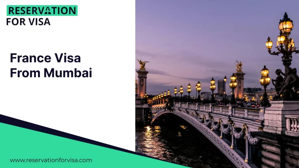 A promotional graphic titled "Portugal Visa From Mumbai" featuring a split layout. On the left side, the title and the "Reservation For Visa" branding with the website URL are displayed on a white background with a green and dark blue geometric border.