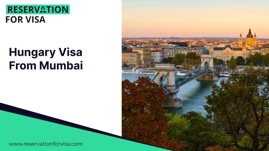 A promotional graphic for a Hungary Visa From Mumbai featuring a split layout. On the left side, the text and "Reservation For Visa" logo are displayed on a white background with a teal and dark blue geometric border.