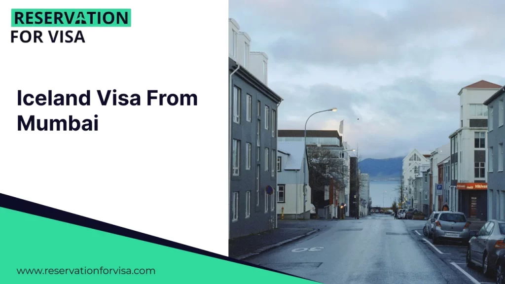 A promotional graphic for an Iceland Visa From Mumbai featuring a split-screen layout. The left side contains the text and the "Reservation For Visa" branding with the website URL at the bottom against a white background with a teal and dark blue border. The right side features a scenic photograph of Hallgrímskirkja, the iconic Lutheran church in Reykjavík, Iceland, known for its distinctive stepped concrete facade and high tower overlooking the city.