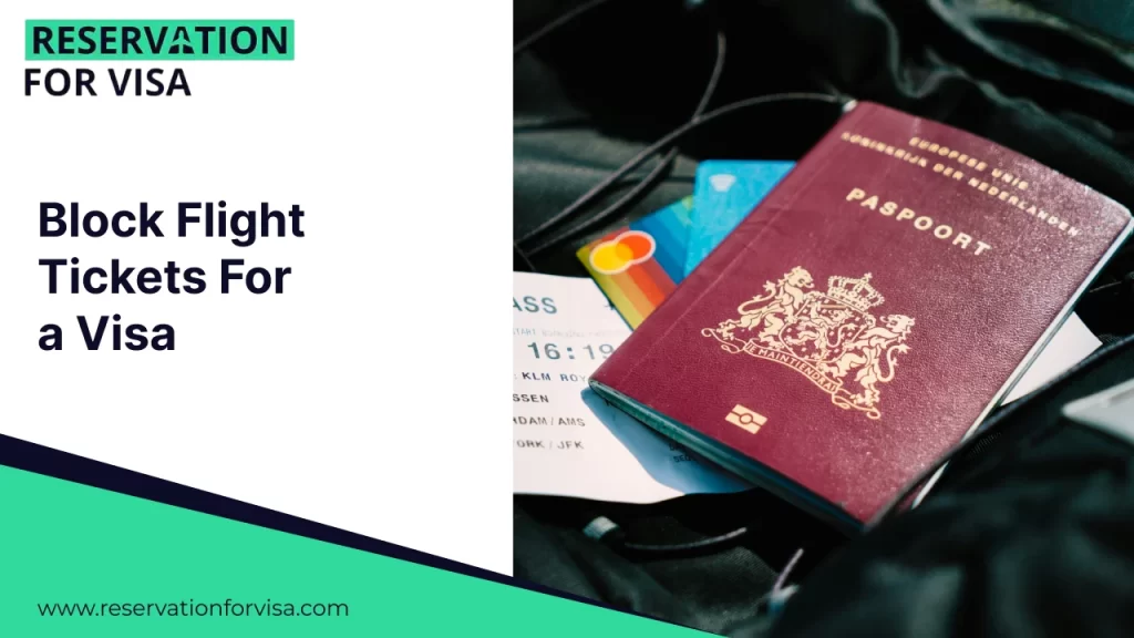 A promotional graphic with the header "Block Flight Tickets For a Visa" set against a white background with a teal and dark blue geometric border. On the right, there is a photograph of a white airplane flying through a bright blue sky with soft white clouds.