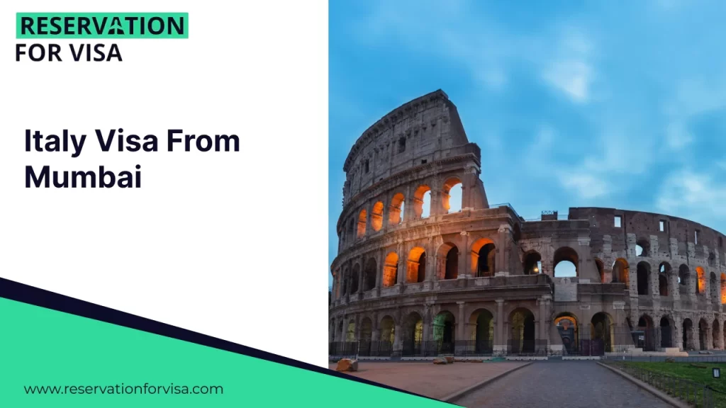 An image titled "Italy Visa From Mumbai" featuring a split-screen design. The left side contains the text and the "Reservation For Visa" branding with the website URL at the bottom against a white background with a teal and dark blue border. The right side features a scenic photograph of Burano, Italy, showcasing its iconic brightly colored buildings reflecting in the calm waters of a narrow canal, with a small stone bridge in the distance.