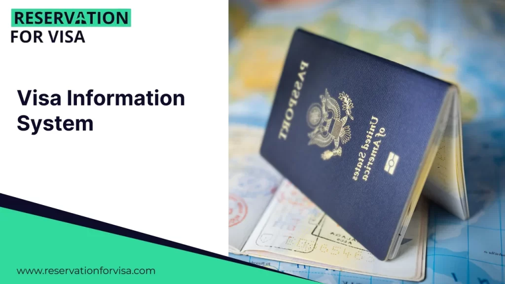 An image titled "Visa Information System" featuring a split-screen design. On the left, the text and "Reservation For Visa" branding with the website URL are displayed on a white background with a teal and dark blue geometric border.