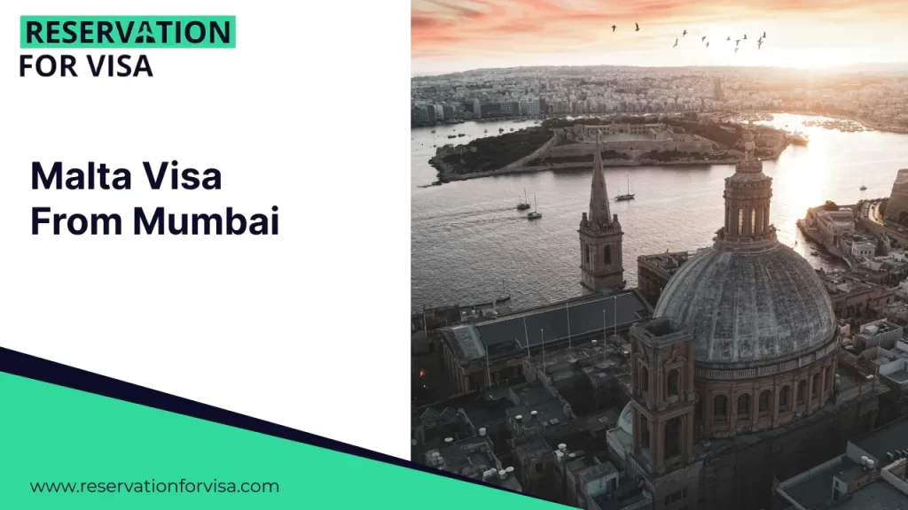 A promotional graphic titled "Malta Visa From Mumbai" with a split-screen design. The left side features the branding for "Reservation For Visa" and the website URL against a clean white background. The right side showcases an aerial view of Valletta, Malta, highlighting the iconic dome of the Basilica of Our Lady of Mount Carmel and the city's historic limestone architecture overlooking the Mediterranean Sea at sunset.