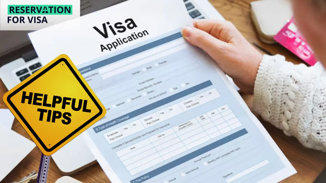 The image suggests offering tips for applying for a Malta visa from Mumbai. Image of a person holding a visa application form with a ‘HELPFUL TIPS’ sign overlay. The form appears to be for visa applications, with visible sections for personal information.