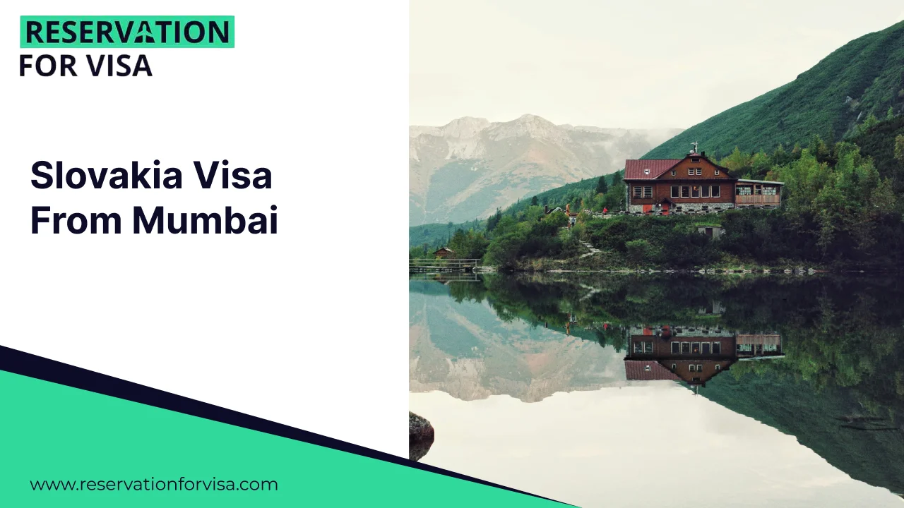 An image featuring the text "Slovakia Visa From Mumbai" on a white background on the left, and a scenic view of the Bratislava Castle on the right, overlooking the Danube River and the city of Bratislava under a bright blue sky.