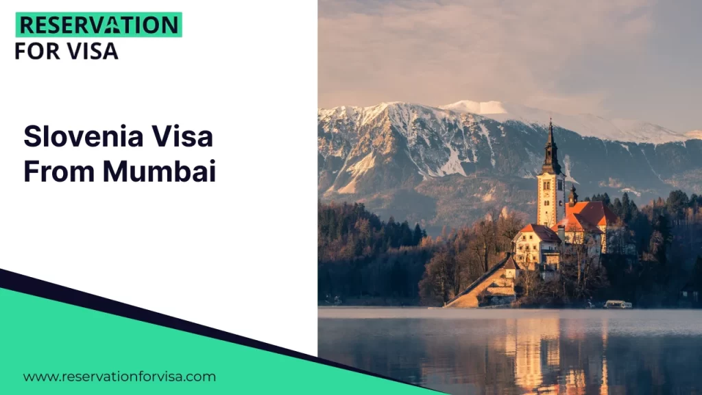 An image featuring the text "Slovenia Visa From Mumbai" on a white background on the left, and a scenic view of Lake Bled on the right, showing the iconic church on a small island surrounded by blue water and forested mountains under a clear sky.