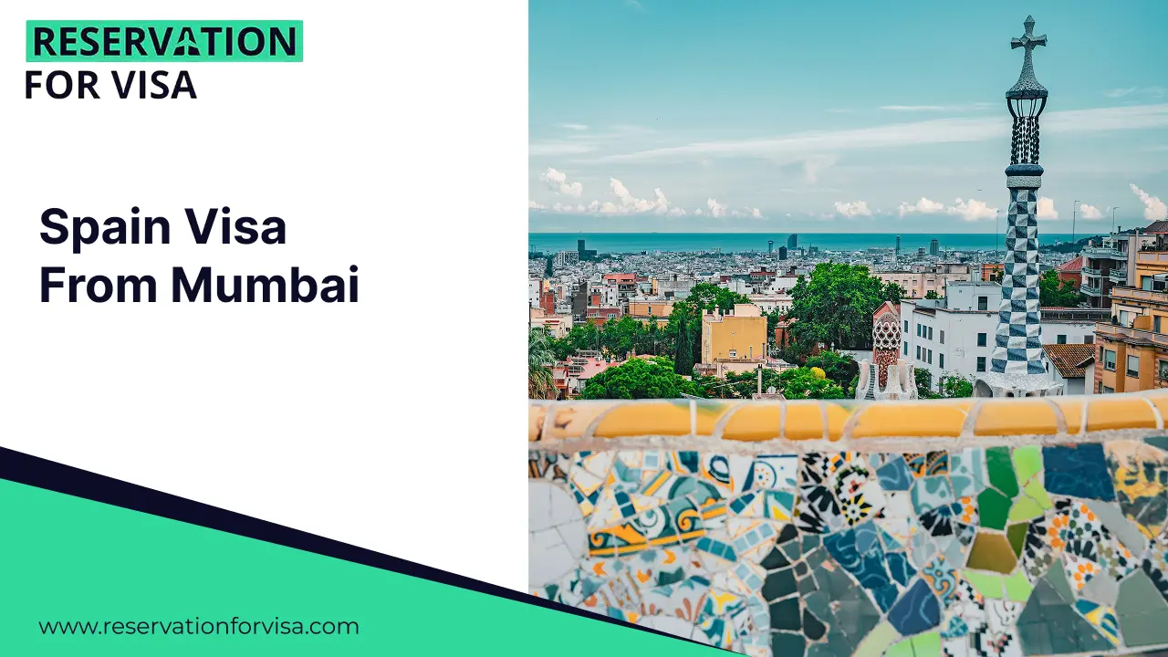 An image featuring the text "Spain Visa From Mumbai" on a white background on the left, and a perspective view of the National Art Museum of Catalonia in Barcelona on the right, with its grand domes and fountains under a clear sky.