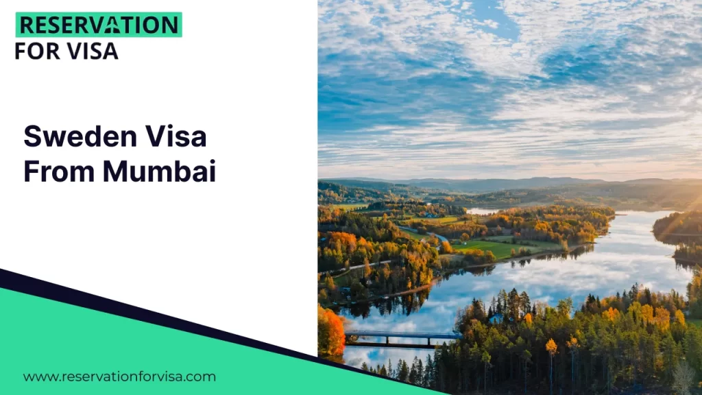 An image featuring the text "Sweden Visa From Mumbai" on a white background on the left, and a panoramic view of Stockholm on the right, showing historic waterfront buildings and a church steeple under a clear blue sky.