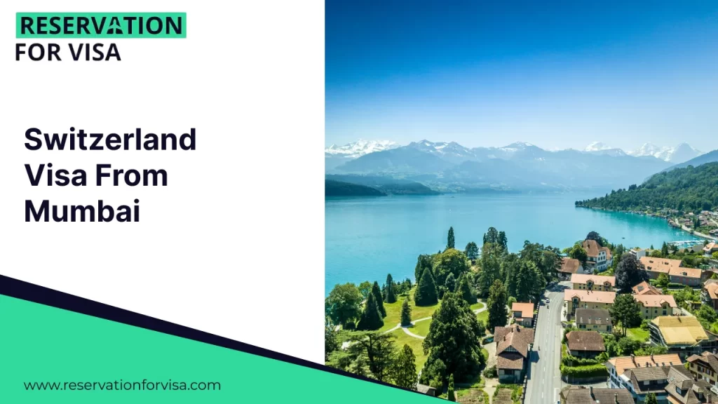 An image featuring the text "Switzerland Visa From Mumbai" on a white background on the left, and a panoramic view of Zurich's old town on the right, with historic buildings and church steeples along the Limmat River under a light blue sky.