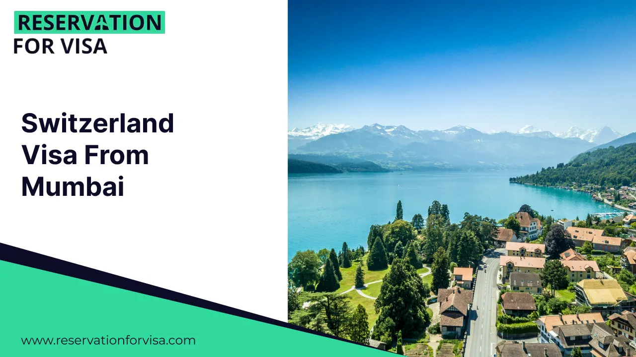 An image featuring the text "Switzerland Visa From Mumbai" on a white background on the left, and a panoramic view of Zurich's old town on the right, with historic buildings and church steeples along the Limmat River under a light blue sky.