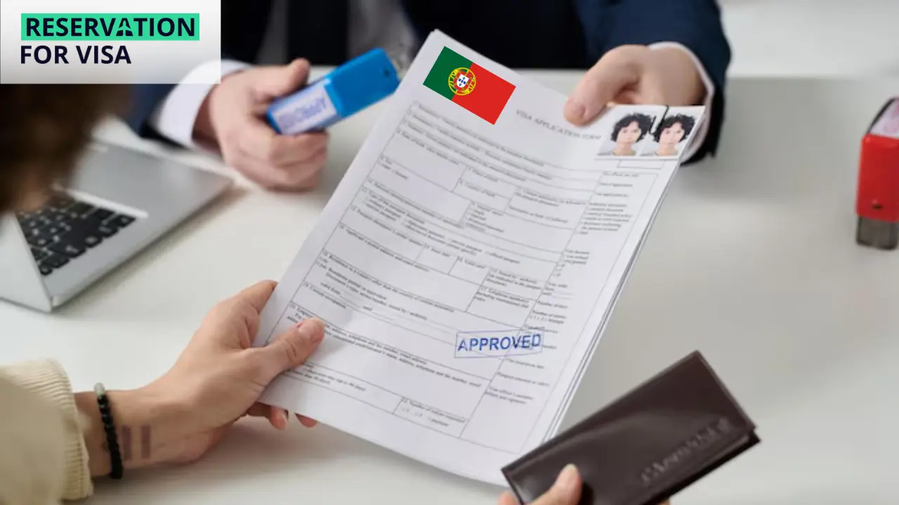 A close-up of hands exchanging a visa application form with the Portuguese flag and an 'Approved' stamp, along with passport-sized photos attached. The image is branded with 'Reservation for Visa' and represents the process of submitting documents required for a Portugal visa from Mumbai.