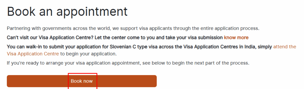 Screenshot from the VFS Global website highlighting the step to book an appointment for Slovenia visa application from Mumbai