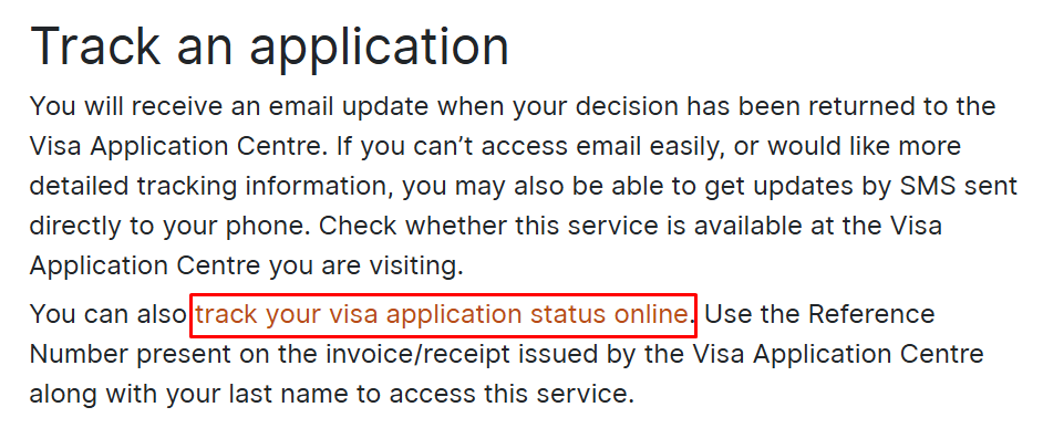 Screenshot from the VFS Global website showing the option to track your Slovenia visa application status from Mumbai